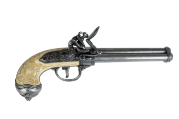 A replica of a 17th century triple barrel flintlock pistol with an engraved ivory handle