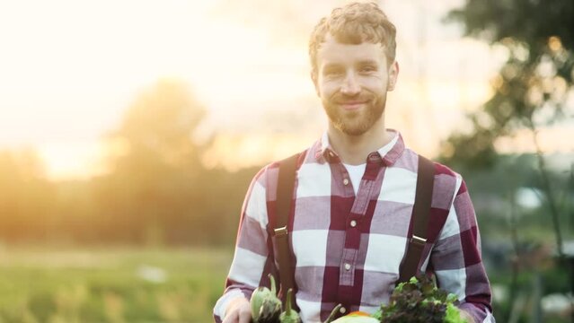 Portrait of young farmer holding a box of organic vegetables and walking down in the farmland with beautiful sunset on the background.