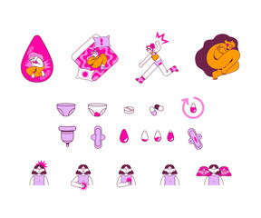 Set  de ilustraciones sobre menstruación. Dolores menstruales y síndrome premenstrual. Productos de higiene menstrual