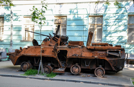 Destroyed as a result of an artillery strike BTR-82A armored personnel carrier of russian invaders