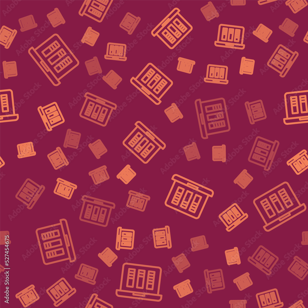 Poster brown line sound or audio recorder or editor software on laptop icon isolated seamless pattern on re
