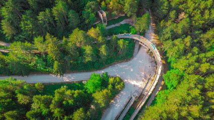 Aerial view of Abandoned or deserted remains of former bobsleigh track in Sarajevo, for the 1984...