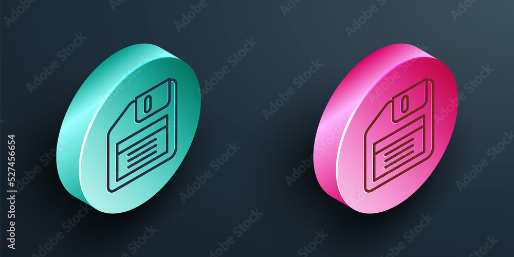 Poster isometric line floppy disk for computer data storage icon isolated on black background. diskette sig