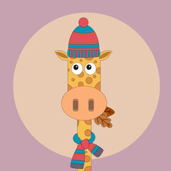 Cute cartoon Giraffe with hat and scarf, eating leaves. Ideal for posters, postcards, invitations, and banners.
