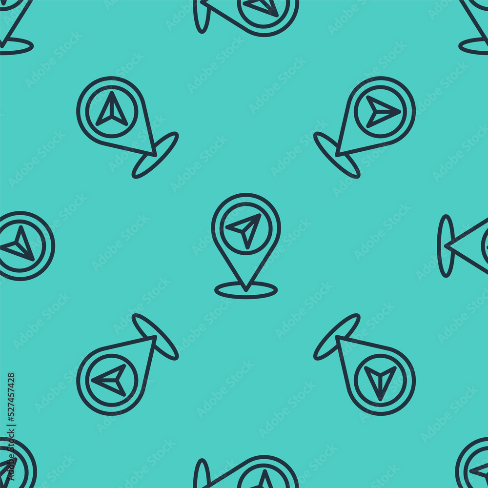 Poster black line map pin icon isolated seamless pattern on green background. navigation, pointer, location