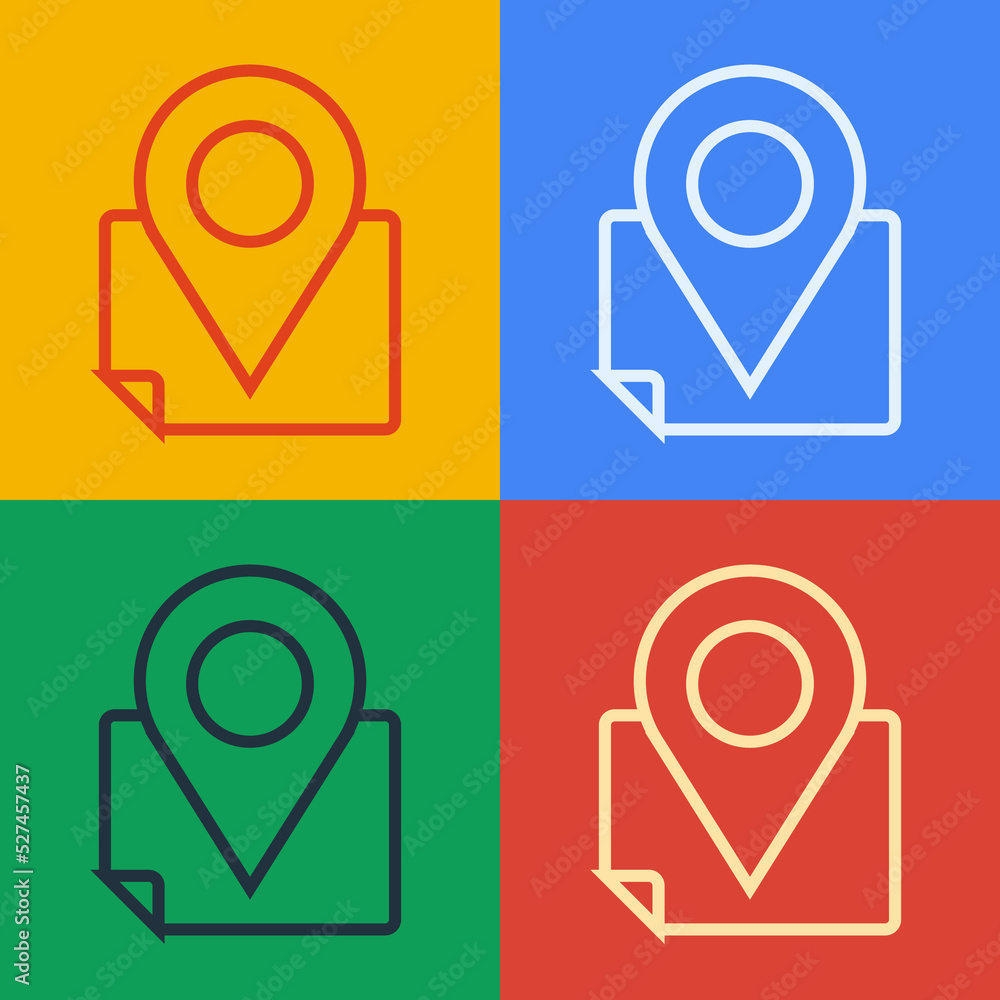 Poster pop art line folded map with location marker icon isolated on color background. vector
