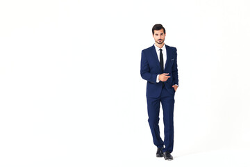 Man business smile with teeth in a suit business job walks open mouth happiness and surprise full-length on white isolated background copy space 