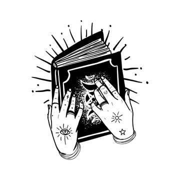 Human hands with tattoo holding magic book. Astrology, witchcraft, book of spells. Hand drawn art in bohemian design, vector illustration isolated on white background.