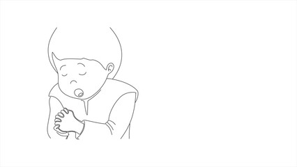 Cute boy is praying with folded hands. Line drawing. Religion and Christianity education concept