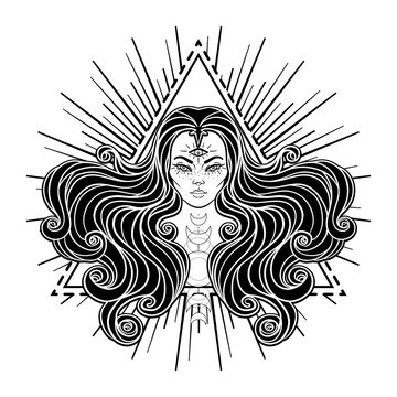 Young beautiful witch. Mystic character. Alchemy, spirituality, occultism, tattoo art. Isolated black and white vector illustration. Halloween concept. Wiccan woman.