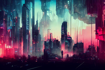 Cyberpunk streets illustration, futuristic city, dystoptic artwork at night, 4k wallpaper.