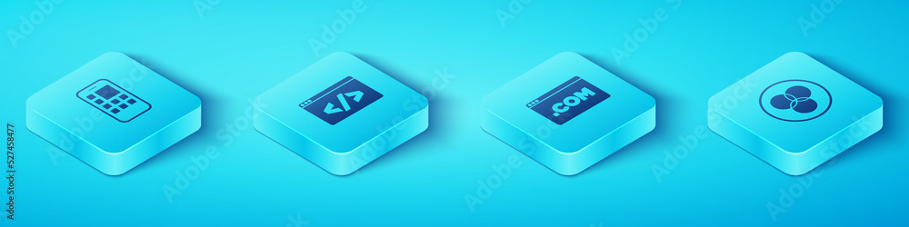 Poster set isometric mobile apps, front end development, rgb and cmyk color mixing and ui ux design icon. v