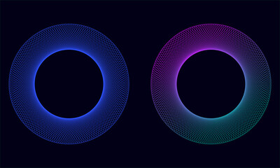 Abstract colorful circles with spirograph effect isolated on black background. Spiral element , wireframe geometric shape. Vector illustration.