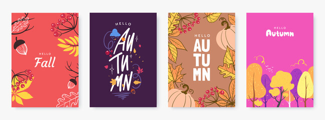 Autumn season poster collection. Abstract illustrations with autumn forest, fallen leaves, colorful foliage and typography. Ideal for event invitation, print, discount voucher, ad. Vector eps 10