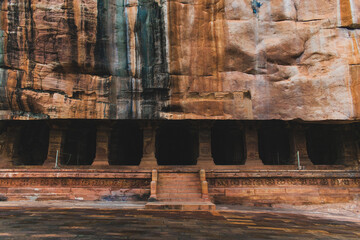 Outer look of Badami cave 3 with beautiful decorated pillars,India