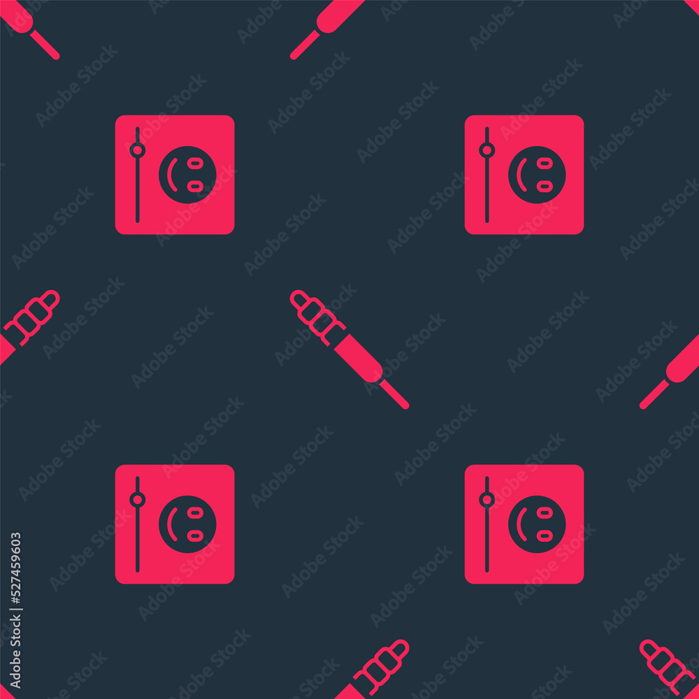 Poster set music player and audio jack on seamless pattern. vector