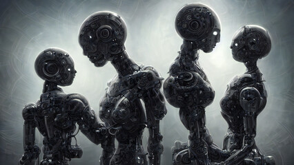 Fototapeta Several humanoid bionic metal robots, futuristic cyborgs relationship concept obraz