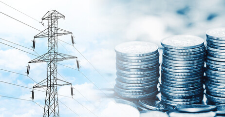 Electricity prices background. Household expenses rising. Electrical pole and cash. Power...