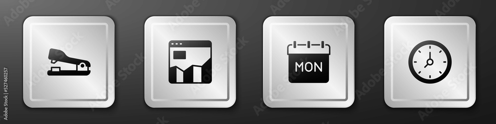 Poster set stapler, graph chart infographic, calendar and clock icon. silver square button. vector