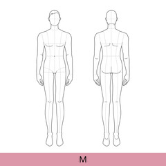 Set of M Size Men Fashion template 9 head medium Croquis with main lines Gentlemen model figure front, back view. Vector isolated sketch outline boy for Fashion Design, Illustration, technical drawing