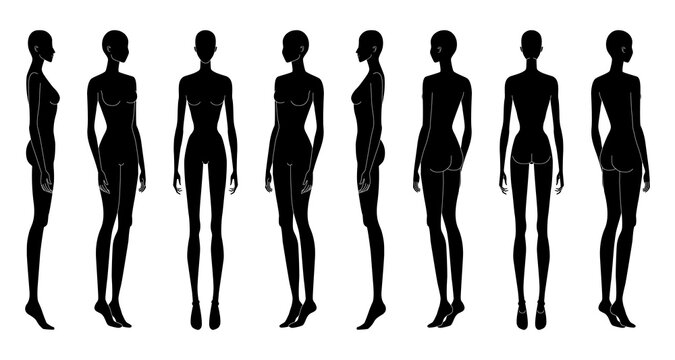 Set of XS size Women silhouette Fashion template 9 nine head Croquis Lady model skinny body figure front, side, 3-4, back view. Vector outline isolated girl for Fashion Design, technical drawing