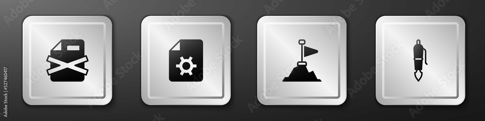 Poster set delete file document, document settings, mountains with flag on top and fountain pen nib icon. s