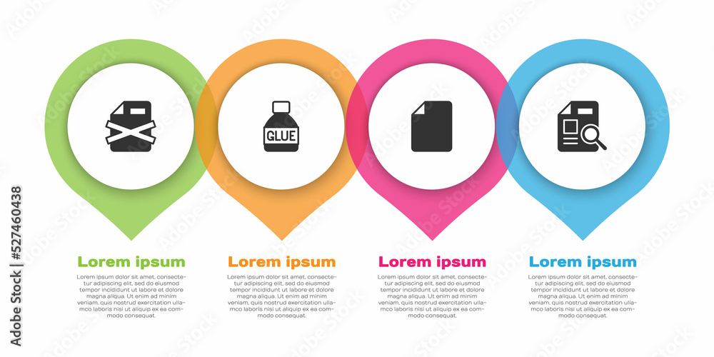 Poster set delete file document, glue, file and document with graph chart. business infographic template. v