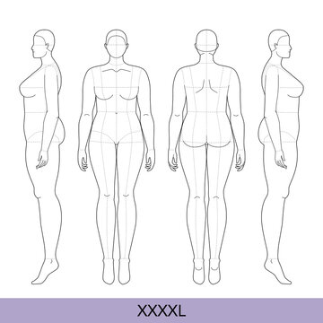Set of XXXXL Women Fashion template 9 nine head size Croquis over plus size Lady model Curvy body figure front, side back view. Vector outline girl for Design, Illustration, technical drawing