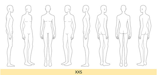 Set of XXS size Men Fashion template 9 head extra small Croquis Gentlemen model skinny body figure front, side, 3-4, back view. Vector sketch boy for Fashion Design, Illustration, technical drawing