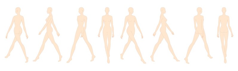 Set of Walking women nude Fashion template 9 nine head size female for technical drawing. Lady figure front, side, 3-4 and back view. Vector outline girl for fashion sketching and illustration.
