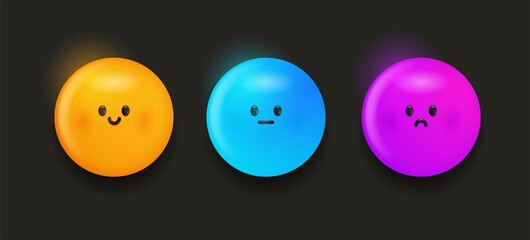 3d smile set. Collection of icons with different emotions, graphic elements for site. Emoji and emoticons. Happy, sad and neutral. Three dimensional vector illustrations isolated on black background