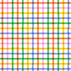 Colorful geometric grid line seamless pattern. Retro rainbow plaid style background. Abstract tartan fabric texture illustration.