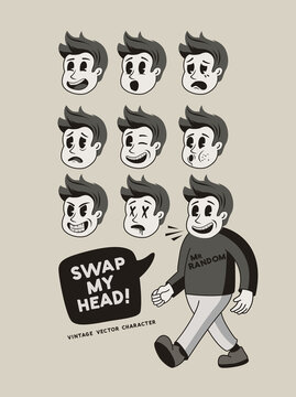 A vintage male mascot character with various faces and expressions! Vector illustration