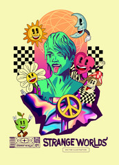 Acid psychedelic and surreal characters and elements events background. Vector illustration