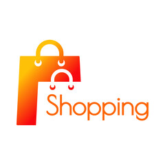 Logotipo con texto Shopping con una bolsa de la compra. Bolsa de la compra en espacio negativo