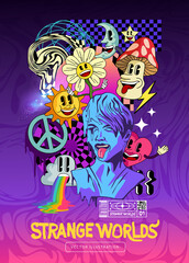 Bold acid wave psychedelic background with trippy characters and objects. Vector illustration