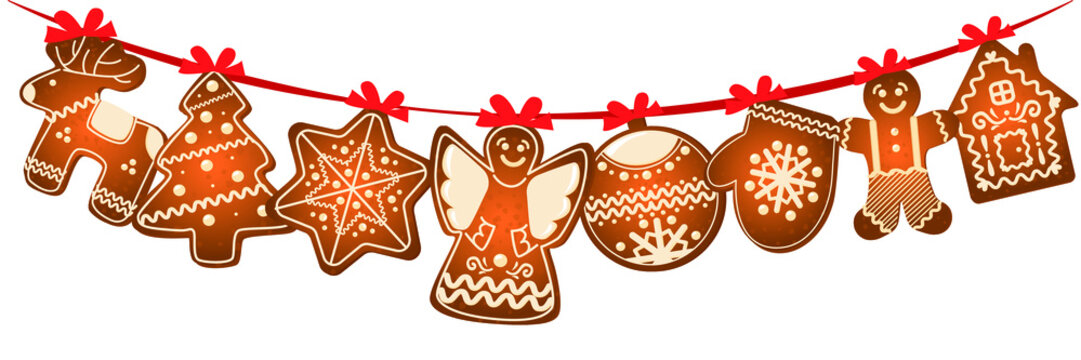Garland made of tasty gingerbread cookies on white background
