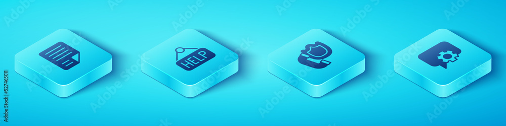 Poster set isometric file document, signboard with text help, telephone 24 hours support and handset shield