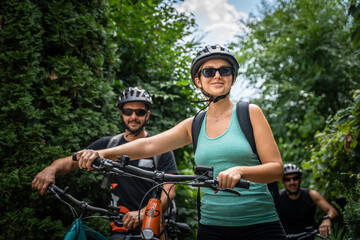 woman and man caucasian friends ride electric bicycle e-bike in summer