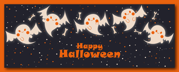 Happy Halloween banner/ background with bats, pumpkins and more. Vector illustration.