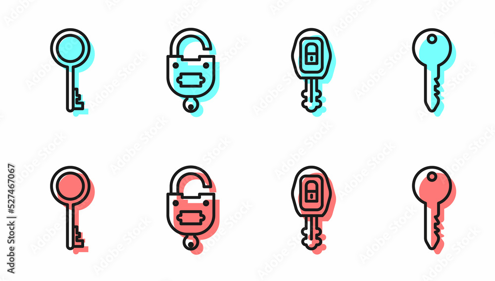 Poster set line car key with remote, old key, lock and key and key icon. vector