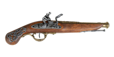 18th or 19th century wooden flintlock pistol replica lying on it's side - obrazy, fototapety, plakaty