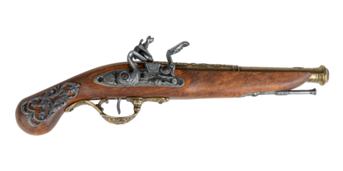18th or 19th century wooden flintlock pistol replica lying on it's side