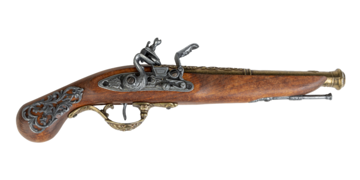 18th or 19th century wooden flintlock pistol replica lying on it's side