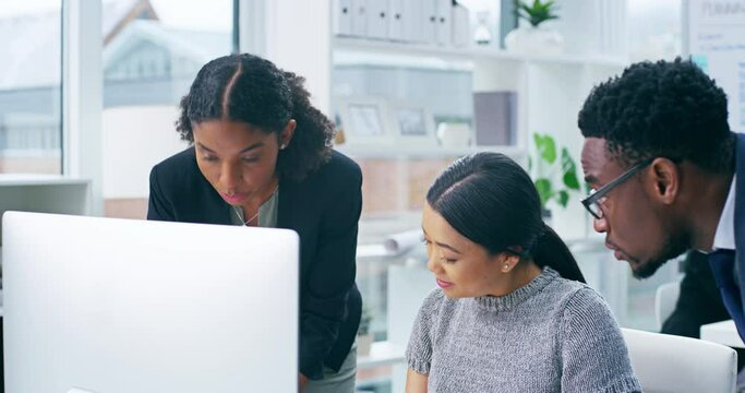 Manager coaching team working on digital computer, corporate office community and group collaboration. Teamwork for business success, black woman and technology development in company at work desk