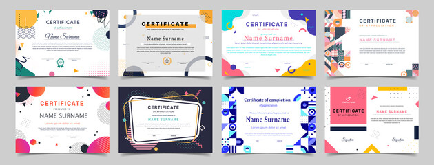 Certificate of Appreciation. Collection of documents for students, award for completing studies, education and online webcourse. Cartoon flat vector illustrations isolated on white background