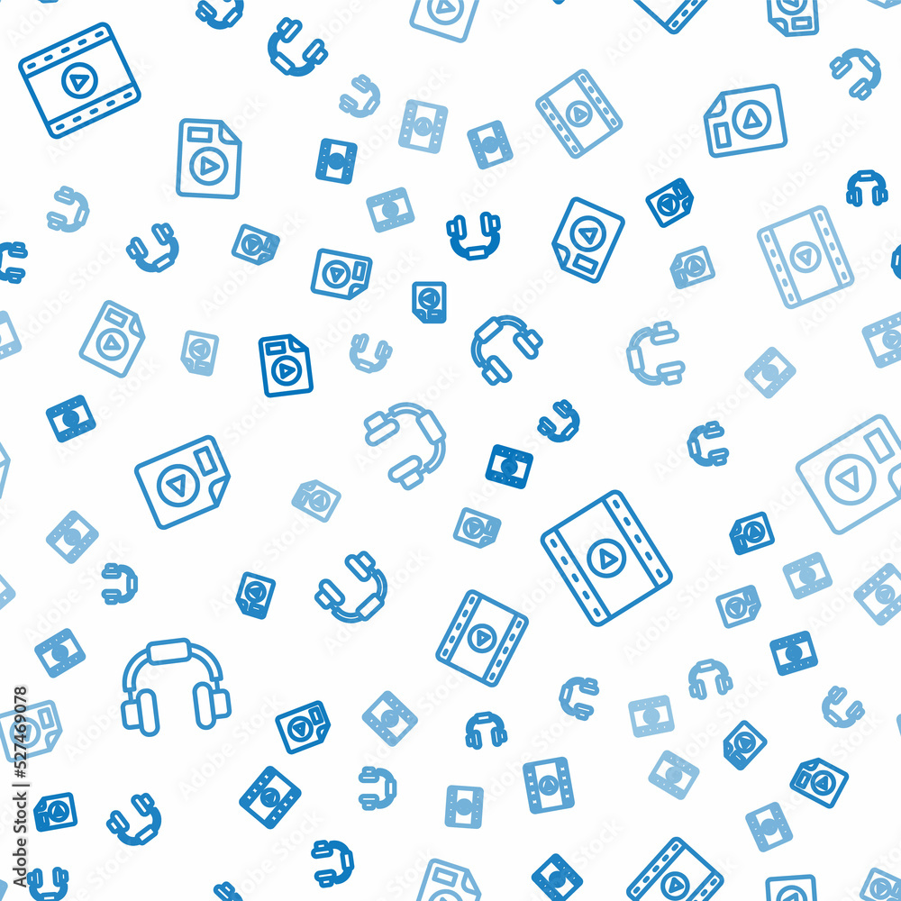 Poster set line headphones, play video and avi file document on seamless pattern. vector