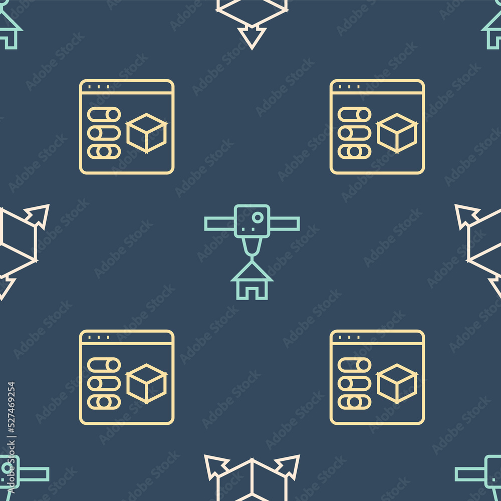 Poster set line isometric cube, 3d printer and house on seamless pattern. vector
