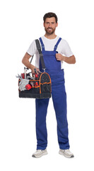 Professional plumber with tool bag on white background