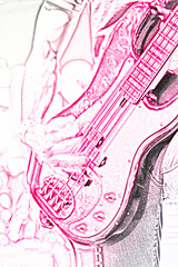 A digital pink and gray photo converted to a digital sketch of a musician playing the guitar